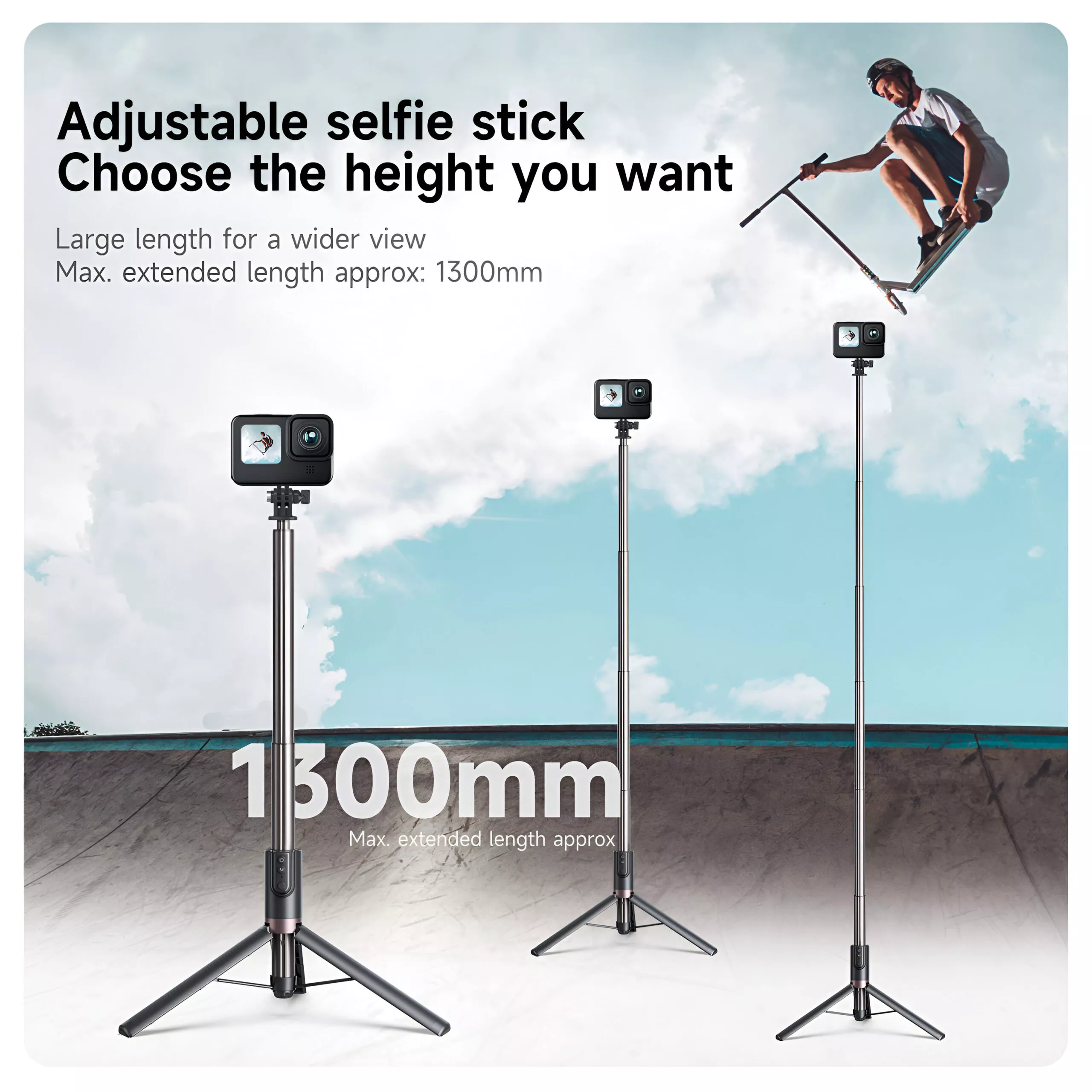 1.3M Extendable Selfie Stick Tripod with Wireless Bluetooth Remote Control - Image 3