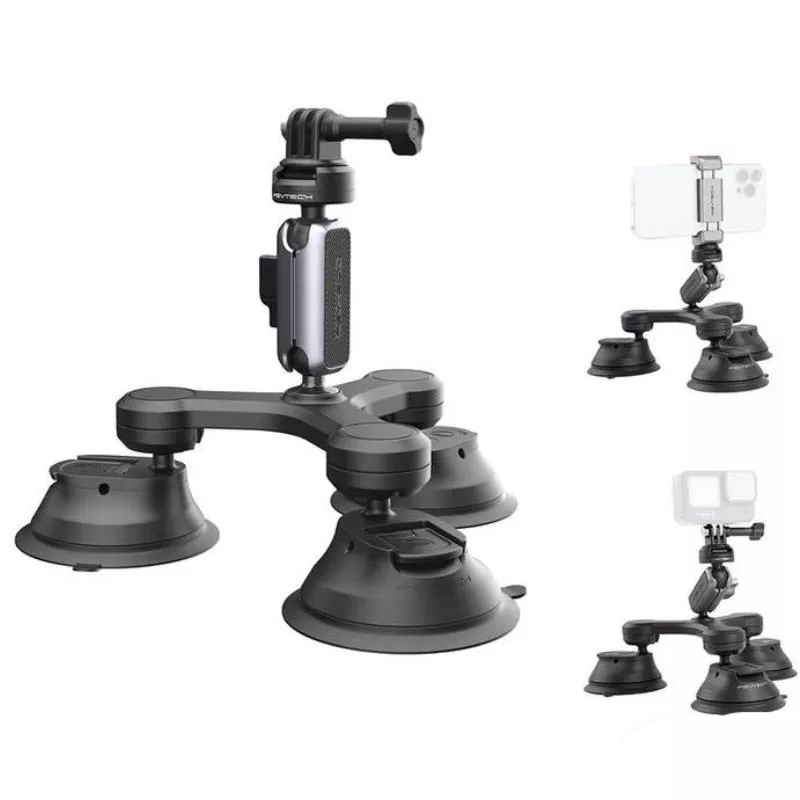 Triple Suction Cup Car Mount with 360° Rotation for Action Cameras & Smartphones