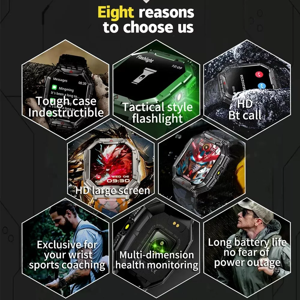 2.1" Rugged Outdoor Smartwatch with LED Flashlight & Bluetooth Calling - Image 6
