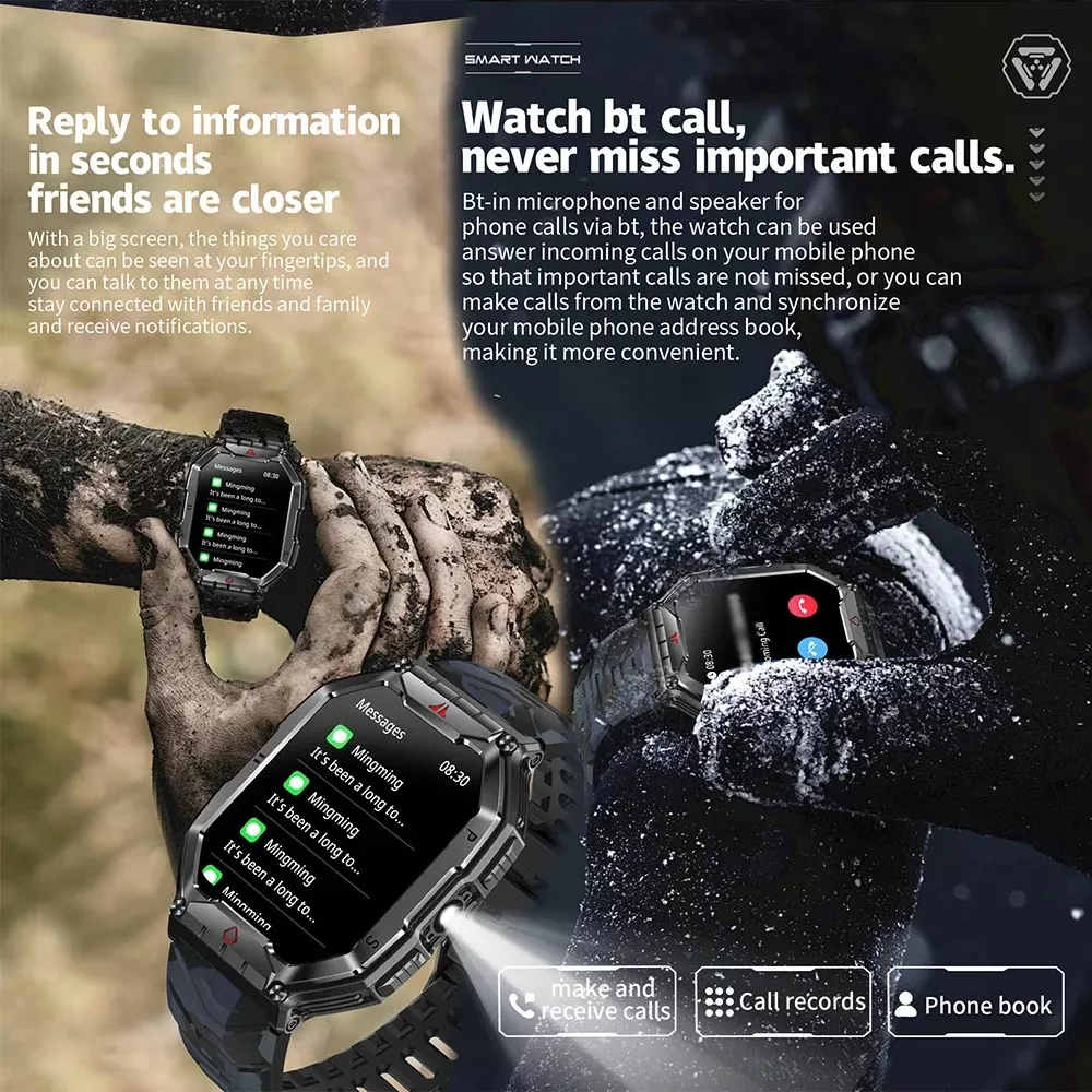 2.1" Rugged Outdoor Smartwatch with LED Flashlight & Bluetooth Calling - Image 4