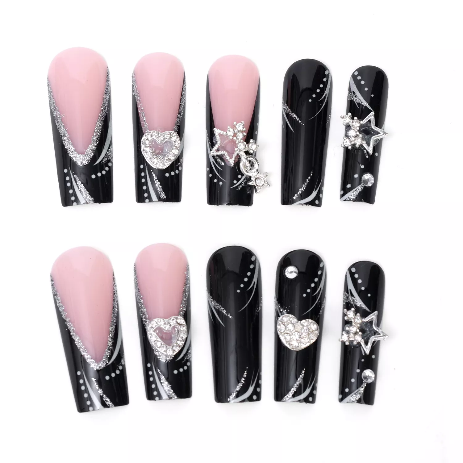 24 Pcs Star & Heart 3D Bowknot Pink Black Short Square False Nails - French Full Cover Nail Art Tips - Image 6