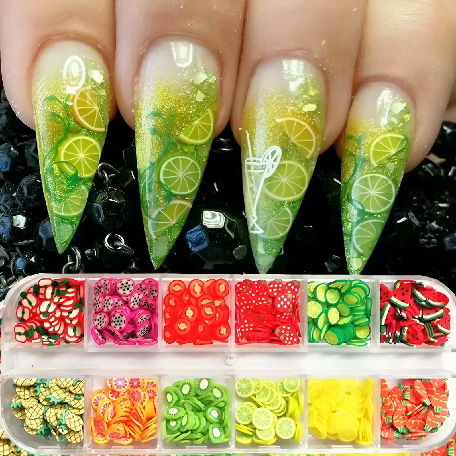 3D Nail Art Accessories - Mixed Flower & Fruit Sliced Clay DIY Nail Decoration, 12 Grids - Image 2