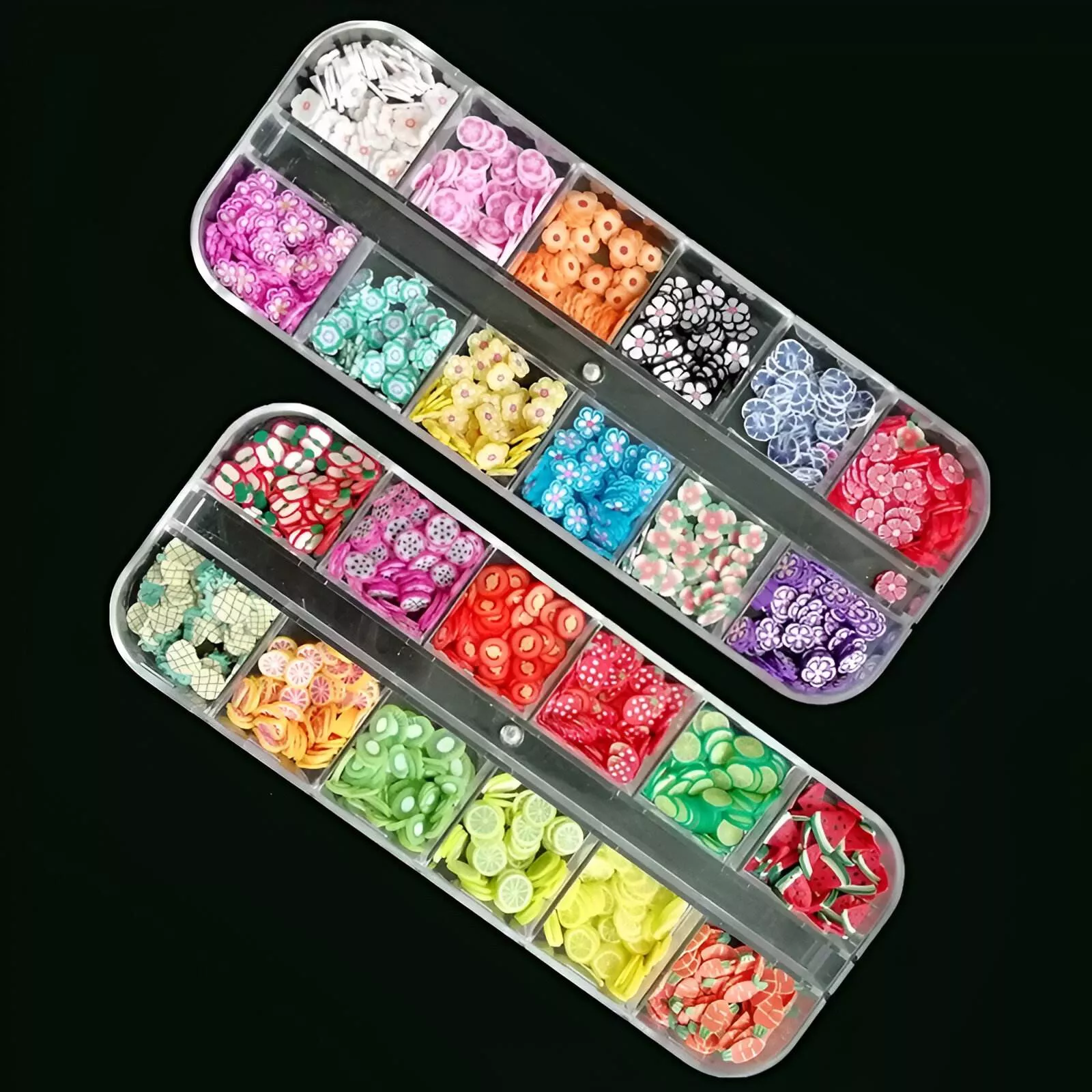 3D Nail Art Accessories - Mixed Flower & Fruit Sliced Clay DIY Nail Decoration, 12 Grids