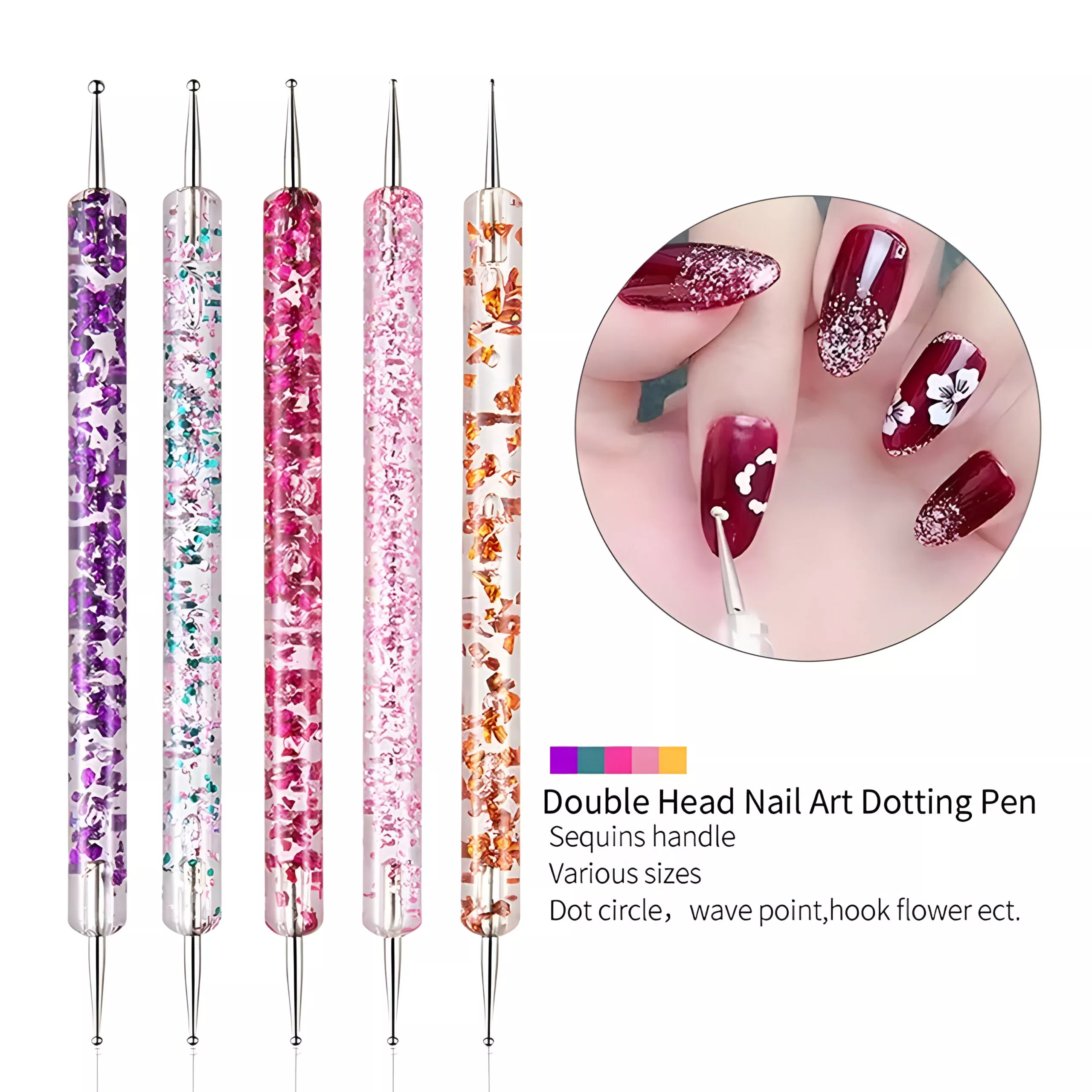 5Pcs Dual-Ended Nail Art Dotting Pens with Crystal Bead Handles - Image 2