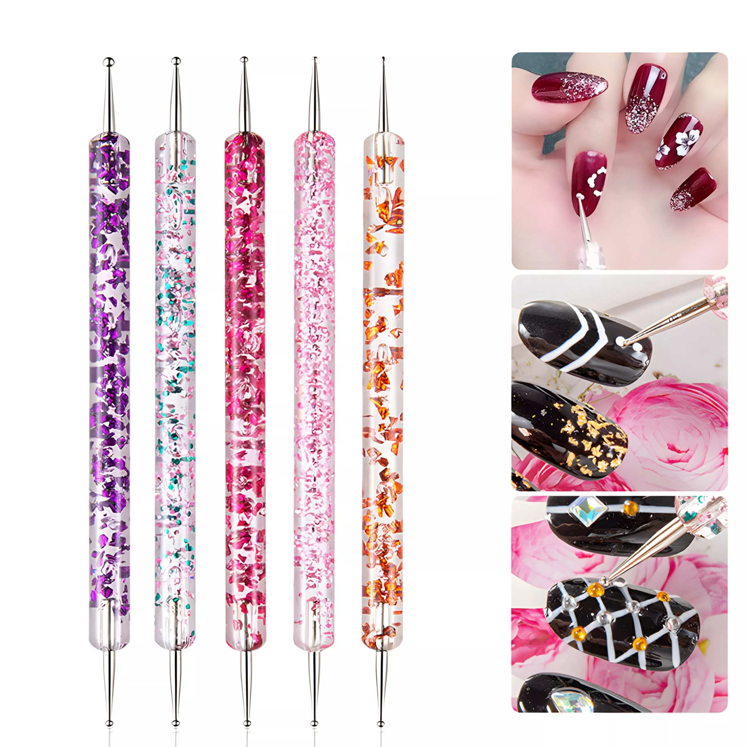 5Pcs Dual-Ended Nail Art Dotting Pens with Crystal Bead Handles - Image 3