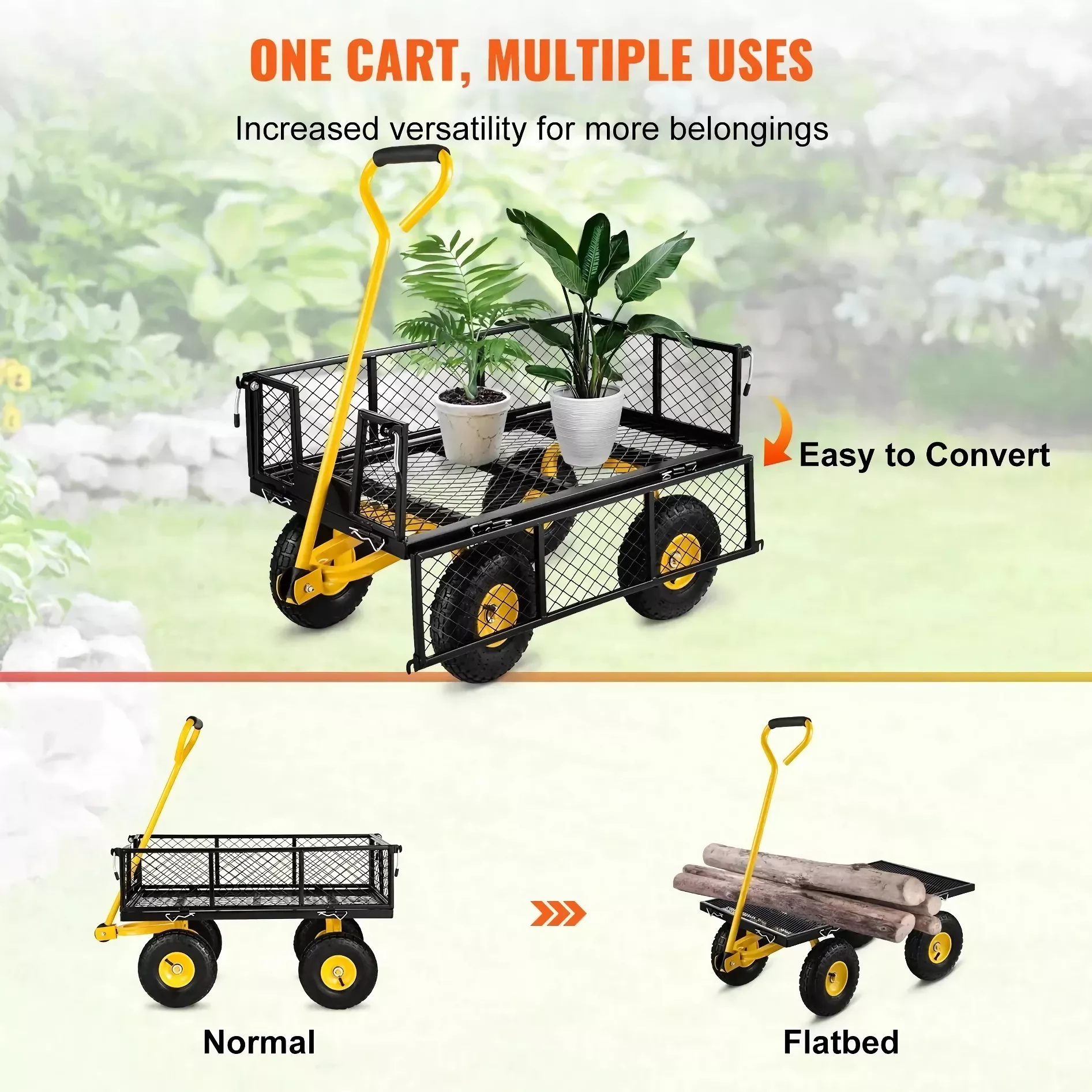 Heavy Duty Steel Garden Cart with Removable Sides – 900 lbs Capacity Flatbed Wagon - Image 4