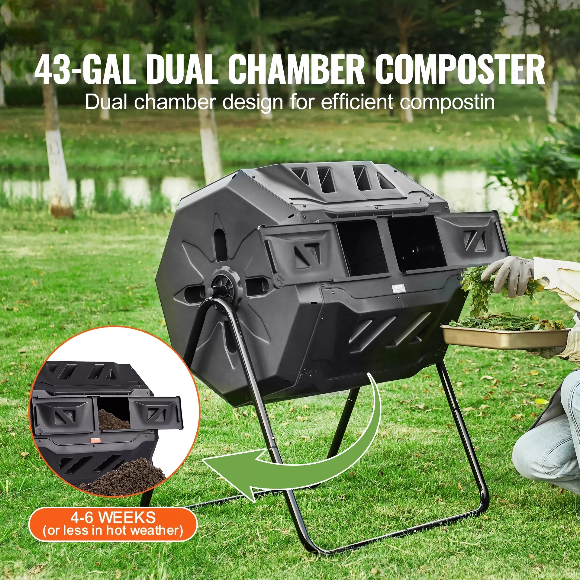 43-Gallon Dual Chamber Compost Tumbler Bin – BPA-Free for Garden & Kitchen Waste - Image 2