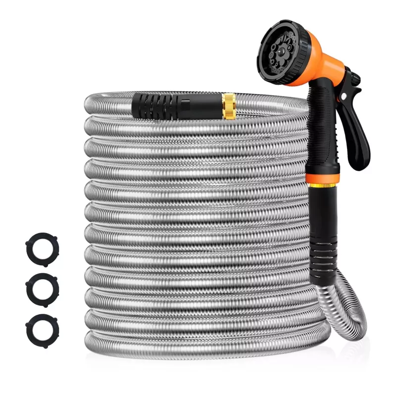100FT Stainless Steel Garden Hose with Adjustable Spray Nozzle