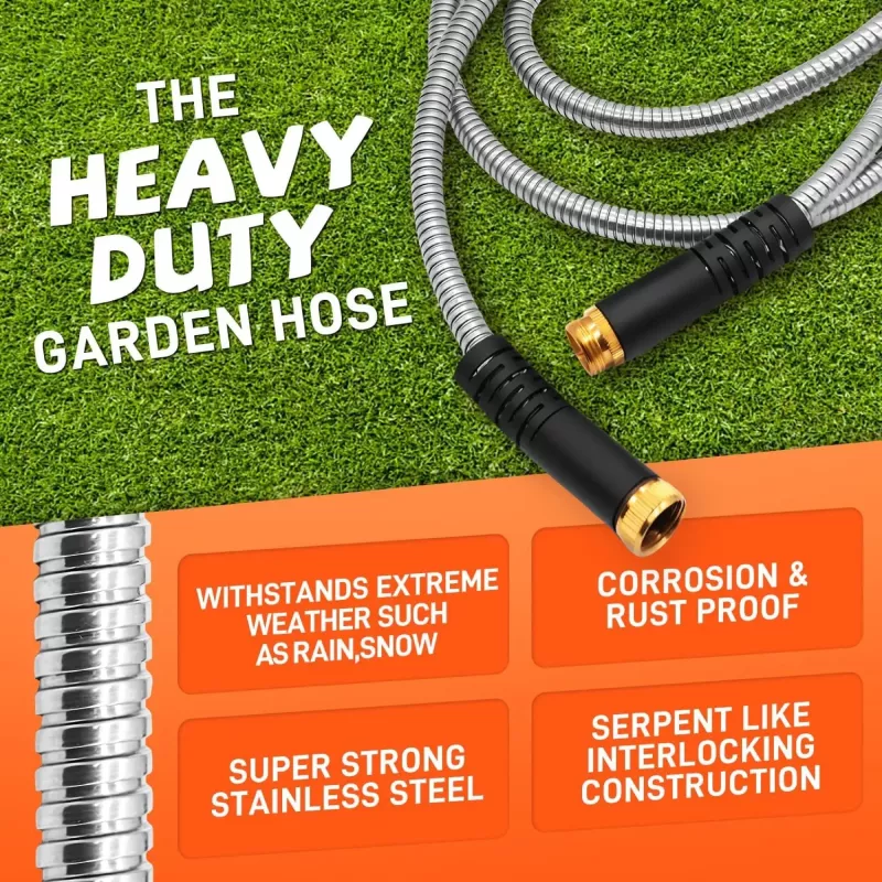 100FT Stainless Steel Garden Hose with Adjustable Spray Nozzle - Image 2