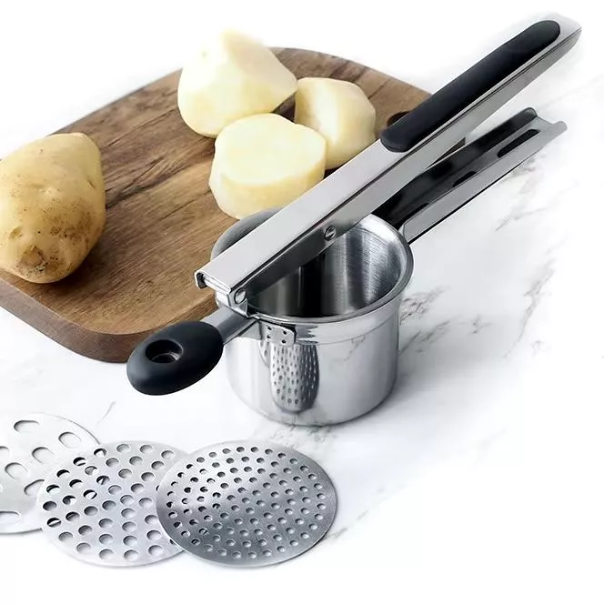 Premium Stainless Steel Potato Ricer with 3 Interchangeable Fineness Discs and Comfort Handle