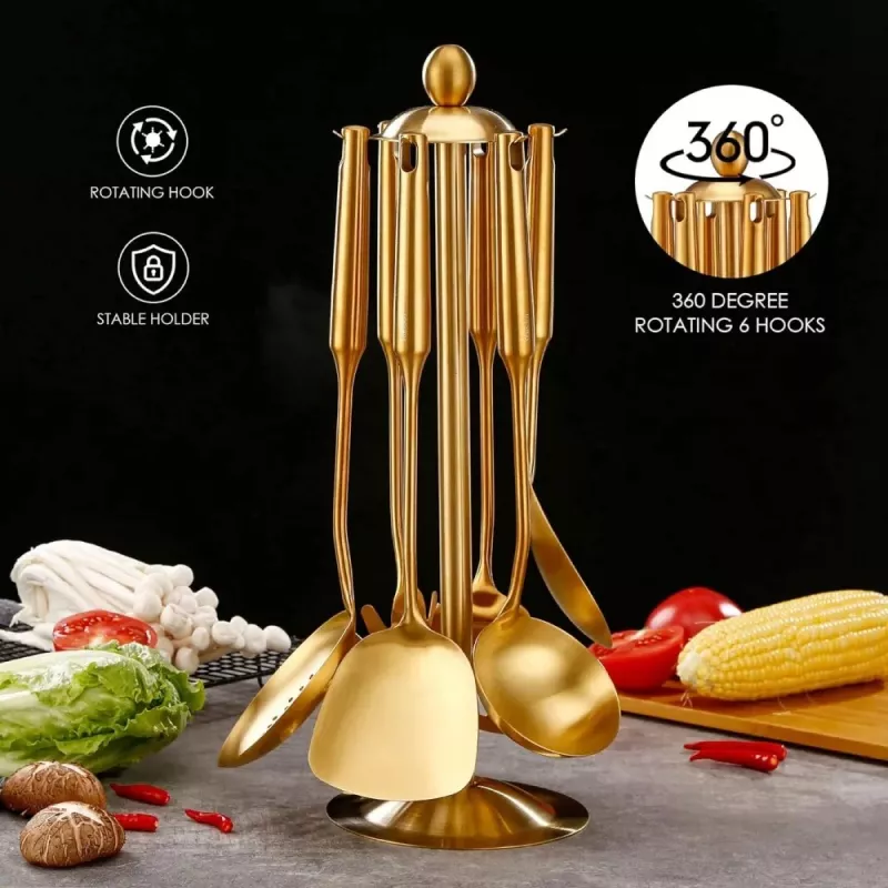 7-Piece Gold Stainless Steel Kitchen Utensils Set with Rotating Holder - Image 5