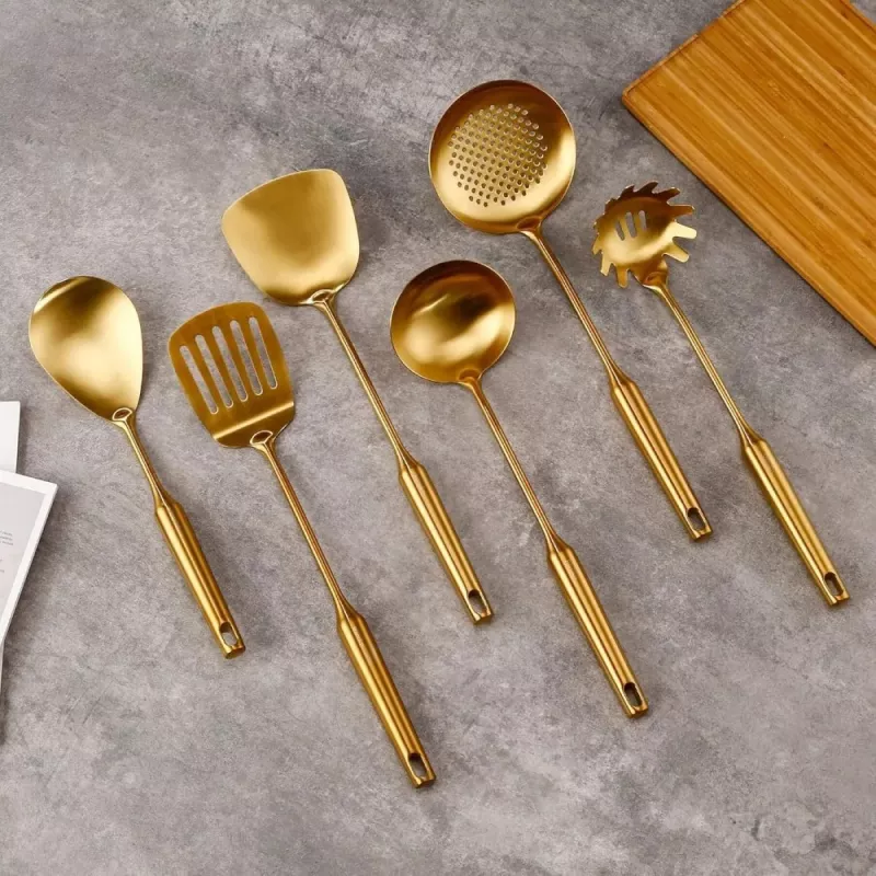 7-Piece Gold Stainless Steel Kitchen Utensils Set with Rotating Holder - Image 2