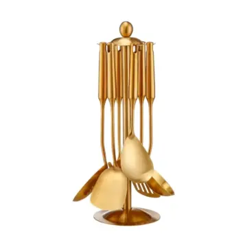 7-Piece Gold Stainless Steel Kitchen Utensils Set with Rotating Holder