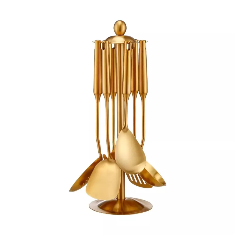 7-Piece Gold Stainless Steel Kitchen Utensils Set with Rotating Holder