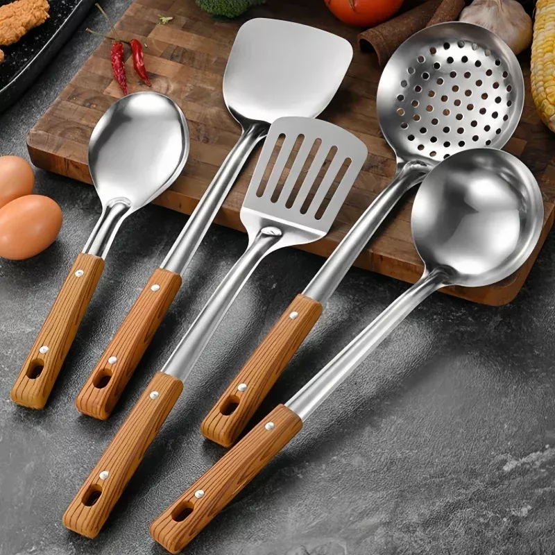 5-Piece Stainless Steel Kitchen Tool Set with Wooden Handles – Essential Cooking Utensils - Image 2
