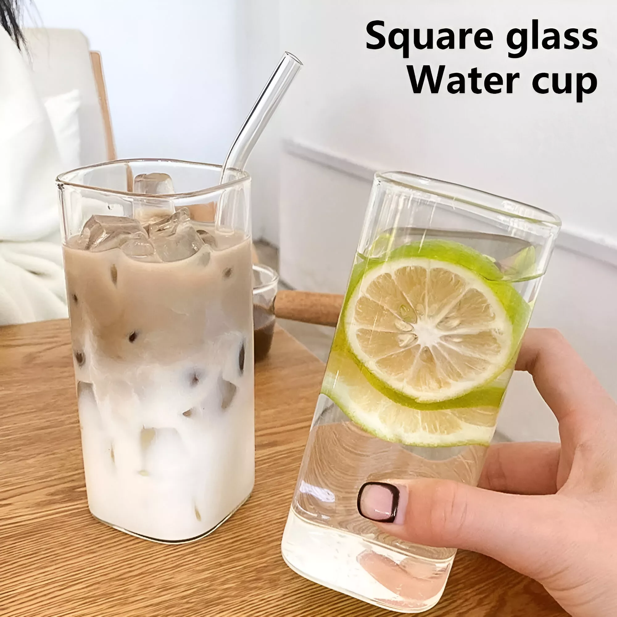 1/2Pc Square Heat Resistant Glass Coffee Mug with Lid and Straw - Image 3