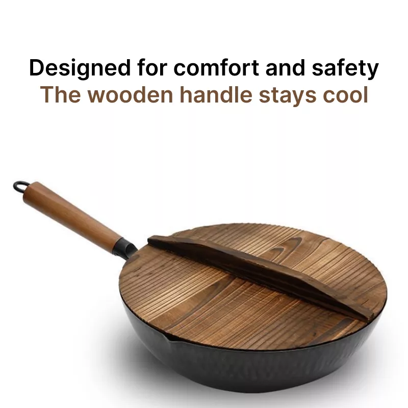 32cm Carbon Steel Wok Pan Set with Wooden Lid - Image 4