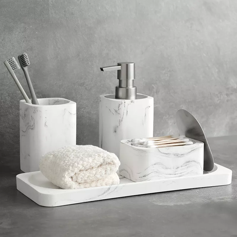 Marble White Bathroom Accessories Set with Soap Dispenser and Toothbrush Holder - Image 2