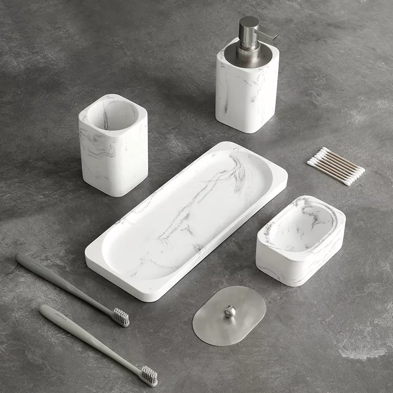 Marble White Bathroom Accessories Set with Soap Dispenser and Toothbrush Holder - Image 4