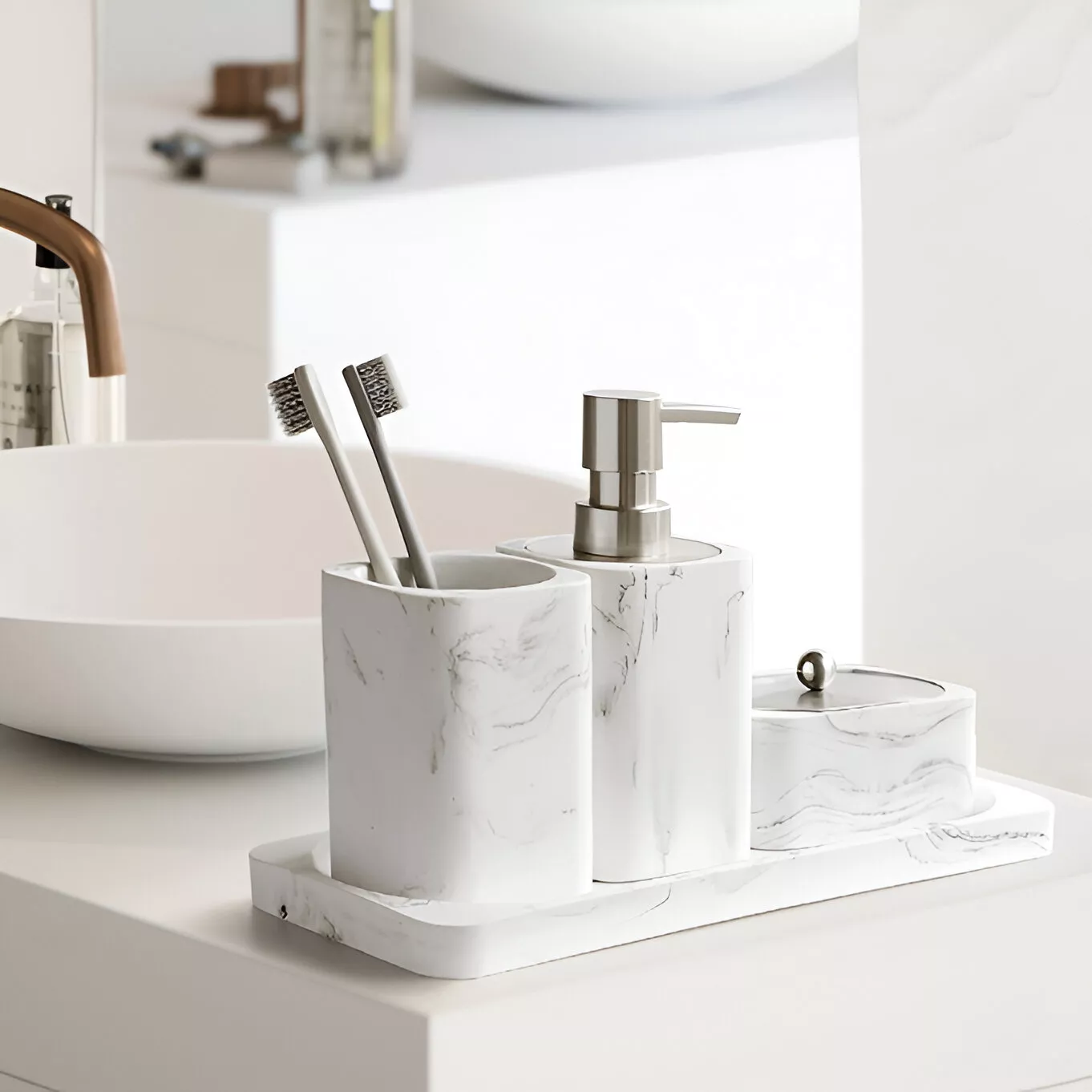 Marble White Bathroom Accessories Set with Soap Dispenser and Toothbrush Holder