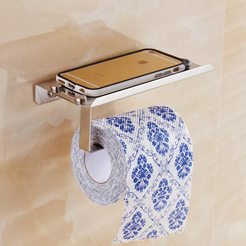 Stainless Steel Toilet Paper Holder with Tray & Phone Shelf - Image 2