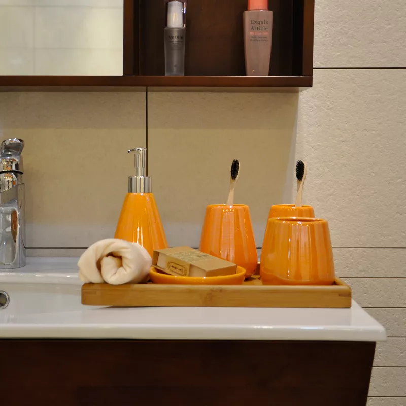 Colored Ceramic Five-Piece Bathroom Accessory Set with Tray - Image 2