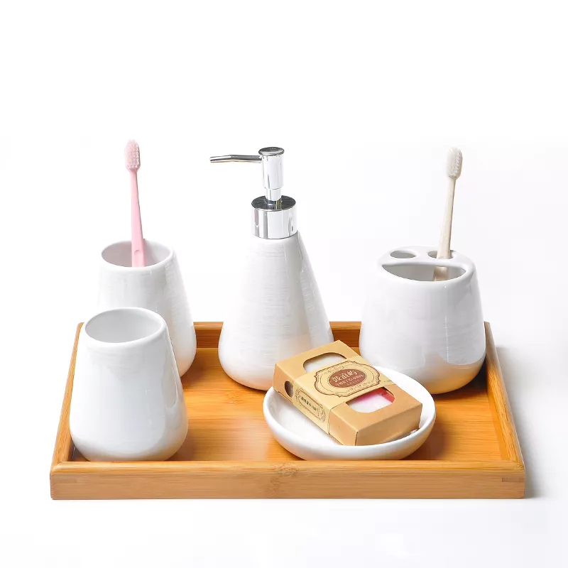 Colored Ceramic Five-Piece Bathroom Accessory Set with Tray - Image 7