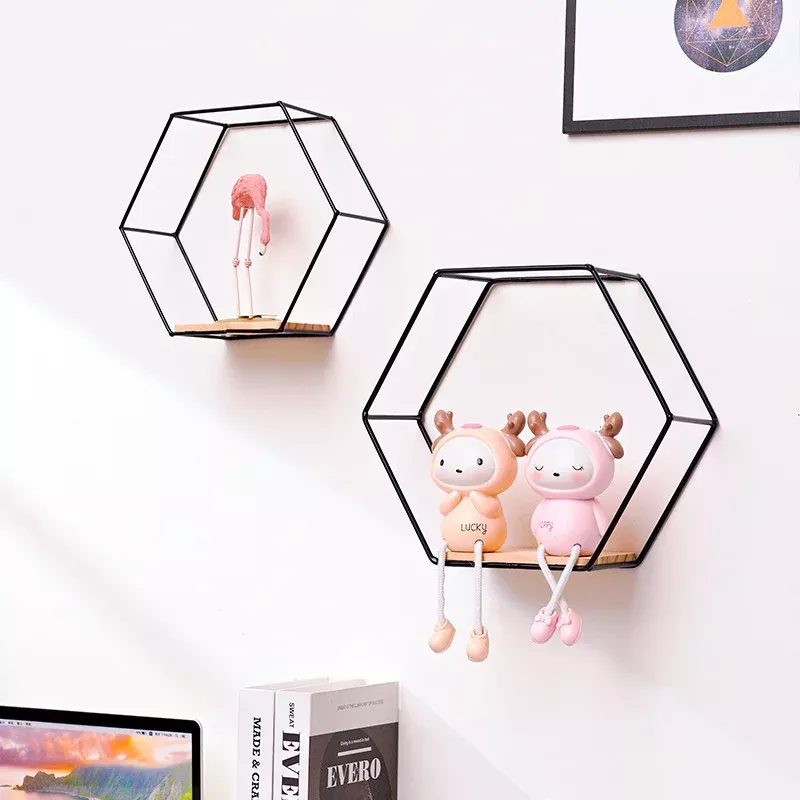 Hexagonal Wall Shelf with Wooden Board