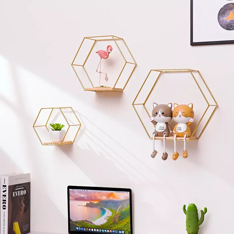 Hexagonal Wall Shelf with Wooden Board - Image 2