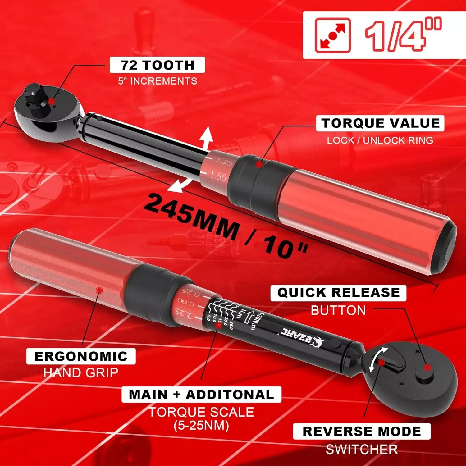 Torque Wrench 1/4 Inch 5-25 Nm ±3% Accuracy with Extension Rod and Ratchet Head - Image 7