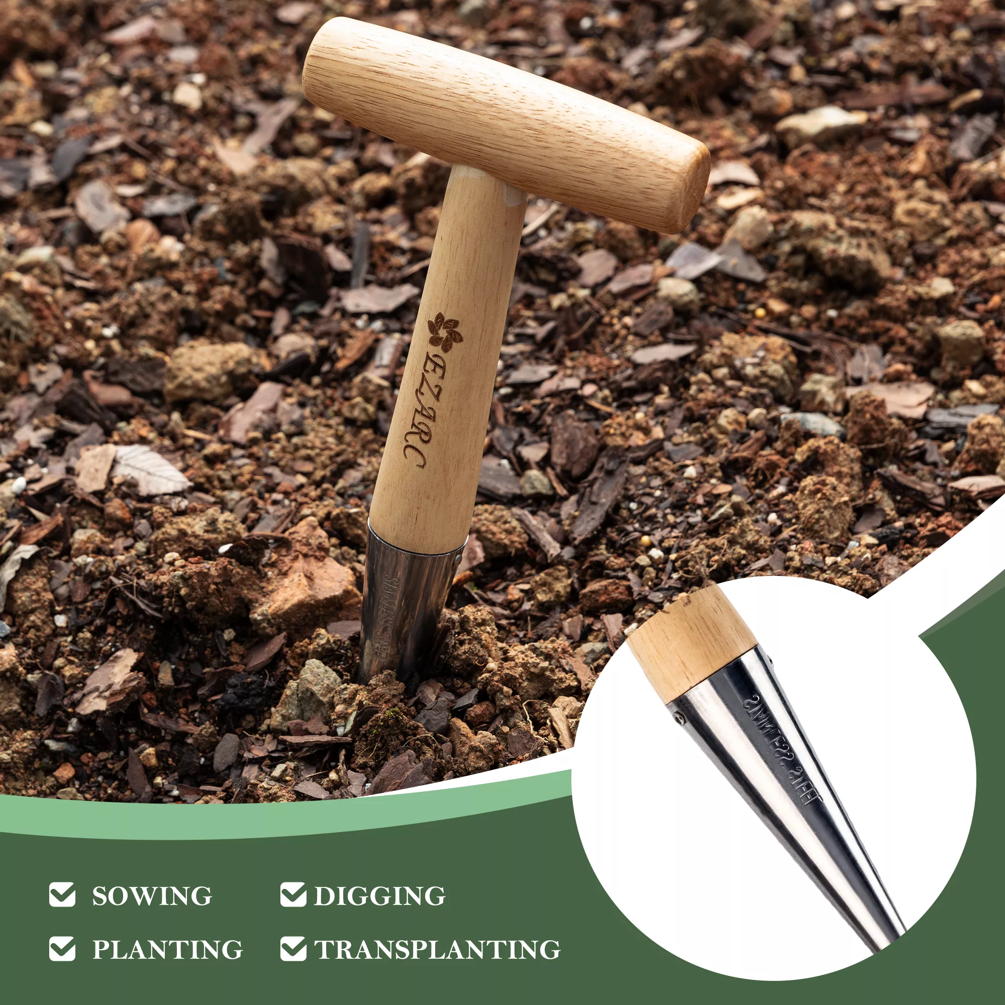 Stainless Steel Garden Dibber Tool with Wooden Handle - Image 2