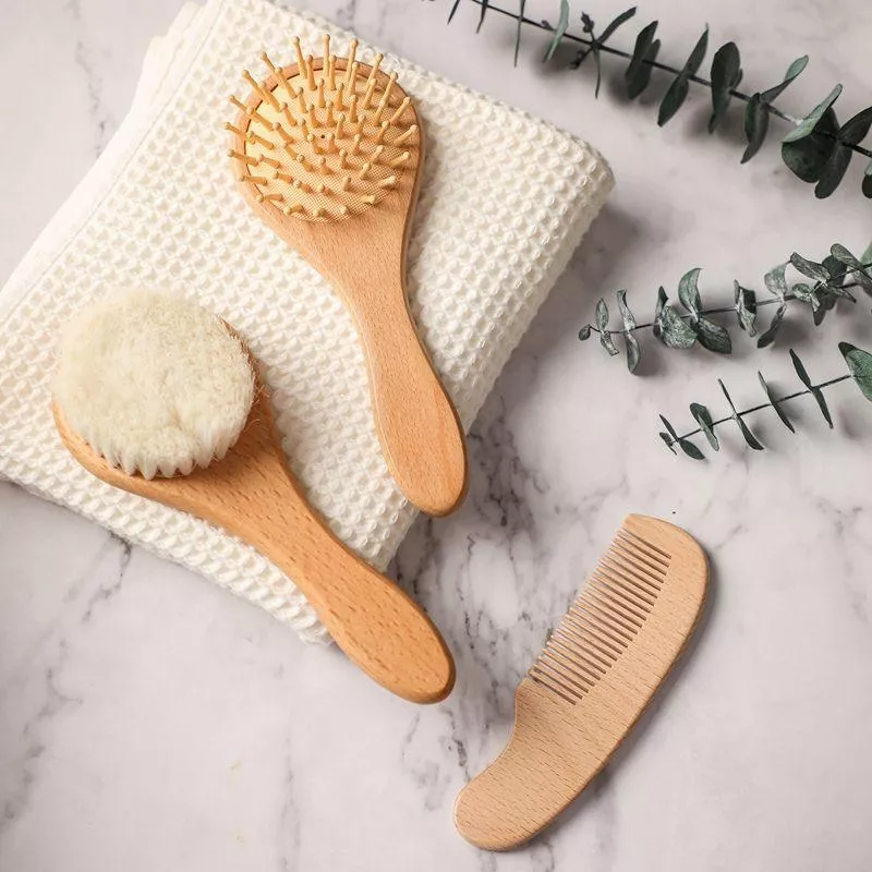 Natural Wooden Baby Hair Brush Set – Soft Wool Massage & Bath Brush