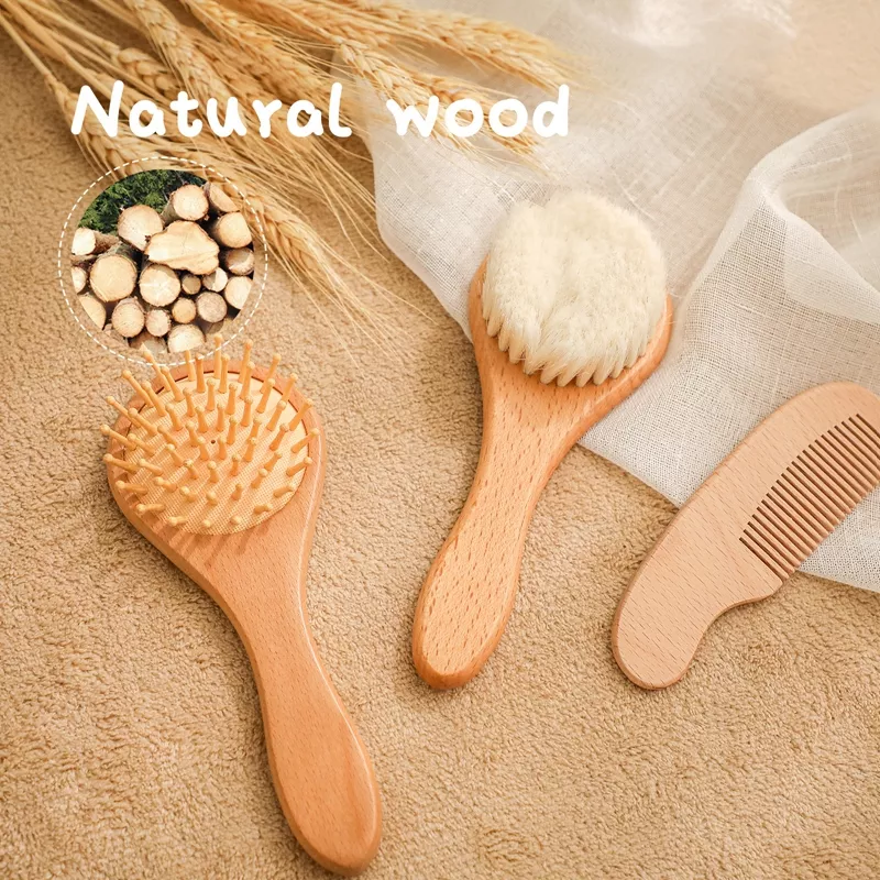 Natural Wooden Baby Hair Brush Set – Soft Wool Massage & Bath Brush - Image 4