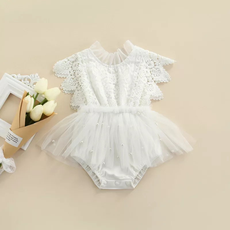 Baby Girl Lace Romper - Hollow Out Mesh Bodysuit with Fly Sleeves - Image 2
