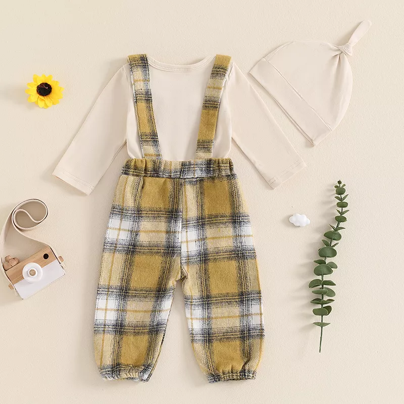 Baby Boys 3-Piece Fall Outfit: Bowtie Romper, Plaid Suspender Pants, and Hat - Image 3