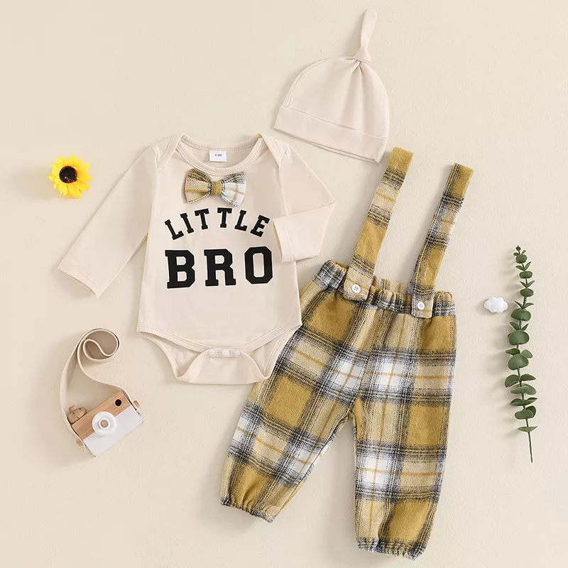 Baby Boys 3-Piece Fall Outfit: Bowtie Romper, Plaid Suspender Pants, and Hat - Image 2