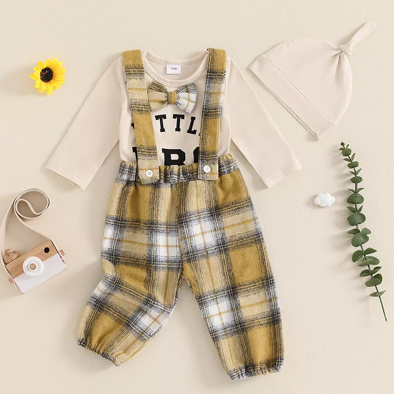 Baby Boys 3-Piece Fall Outfit: Bowtie Romper, Plaid Suspender Pants, and Hat - Image 4