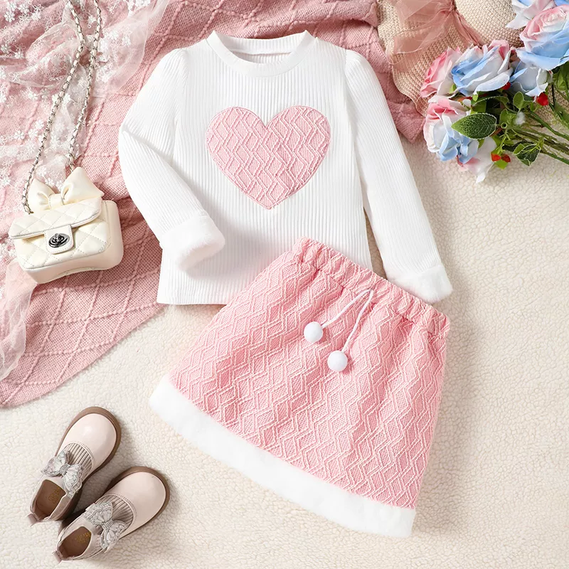 Girls Fall Outfit Set - Heart Pattern Long Sleeve Top & Mini Skirt 2-Piece - Image 2