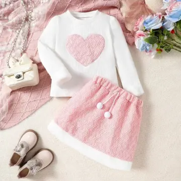 Girls Fall Outfit Set - Heart Pattern Long Sleeve Top & Mini Skirt 2-Piece