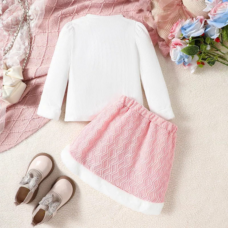 Girls Fall Outfit Set - Heart Pattern Long Sleeve Top & Mini Skirt 2-Piece - Image 3