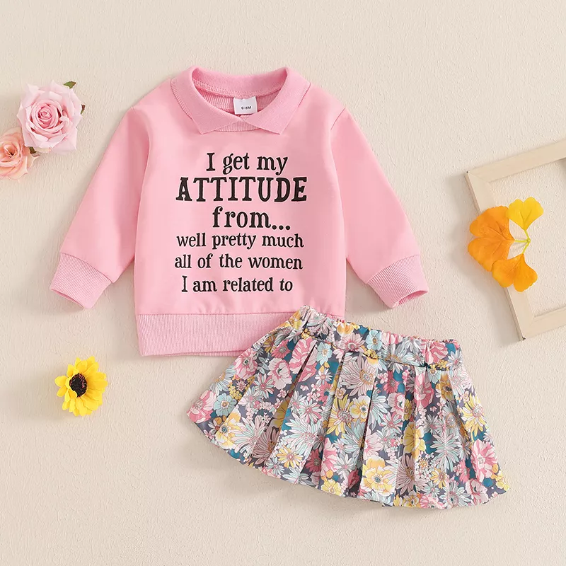 Baby Girl Fall Outfit - Letter Print Sweatshirt & Floral Skirt Set - Image 2