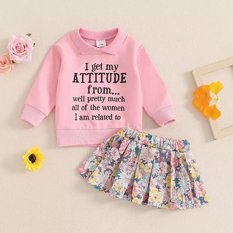 Baby Girl Fall Outfit - Letter Print Sweatshirt & Floral Skirt Set