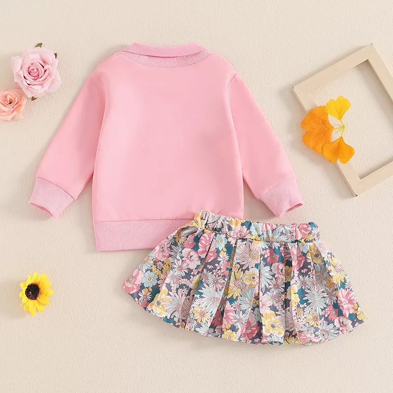 Baby Girl Fall Outfit - Letter Print Sweatshirt & Floral Skirt Set - Image 3