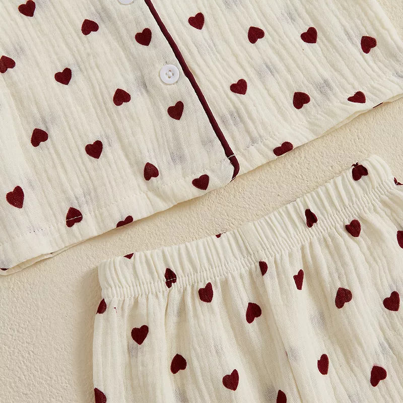 Girls Valentine's Day Pajama Set - Heart Print Long Sleeves Shirt & Elastic Pants - Image 6