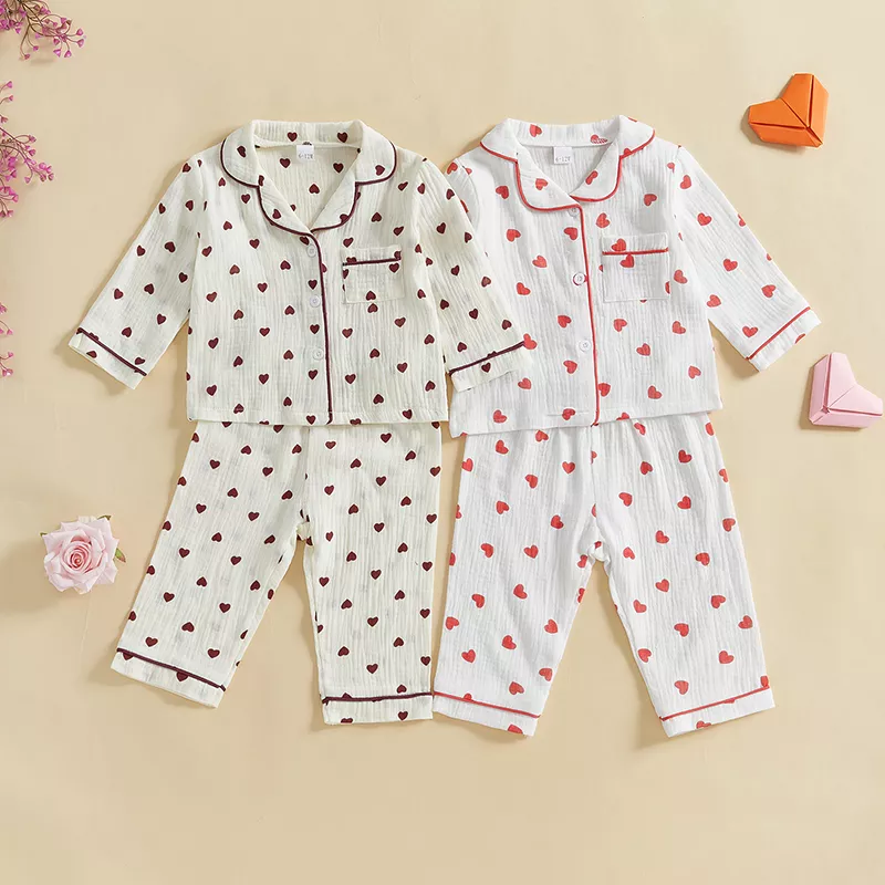 Girls Valentine's Day Pajama Set - Heart Print Long Sleeves Shirt & Elastic Pants - Image 7