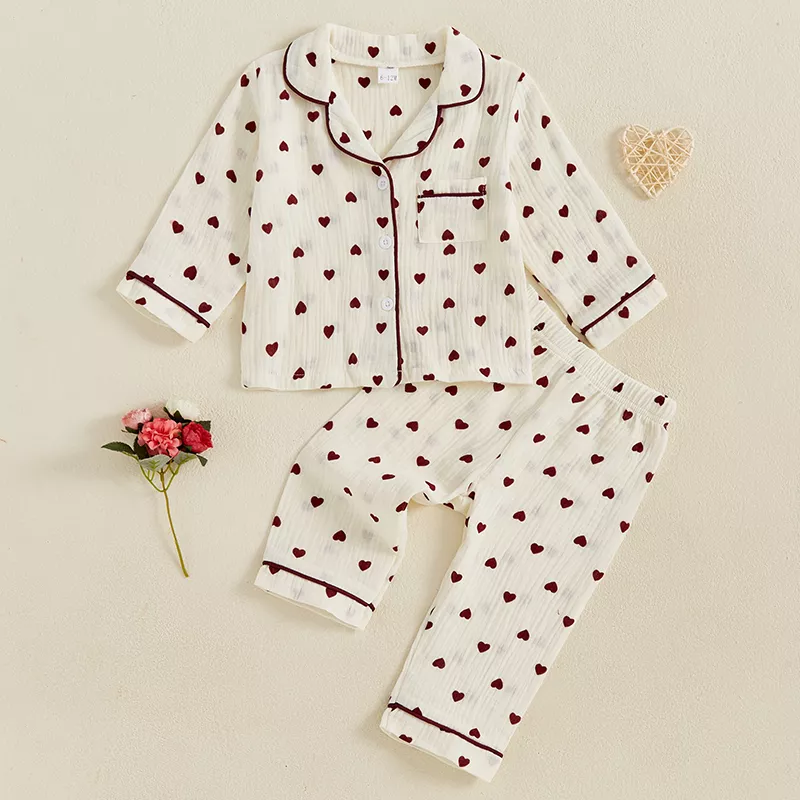Girls Valentine's Day Pajama Set - Heart Print Long Sleeves Shirt & Elastic Pants - Image 2