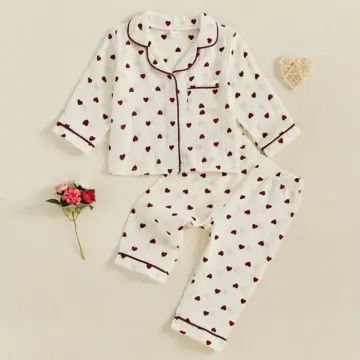 Girls Valentine's Day Pajama Set - Heart Print Long Sleeves Shirt & Elastic Pants