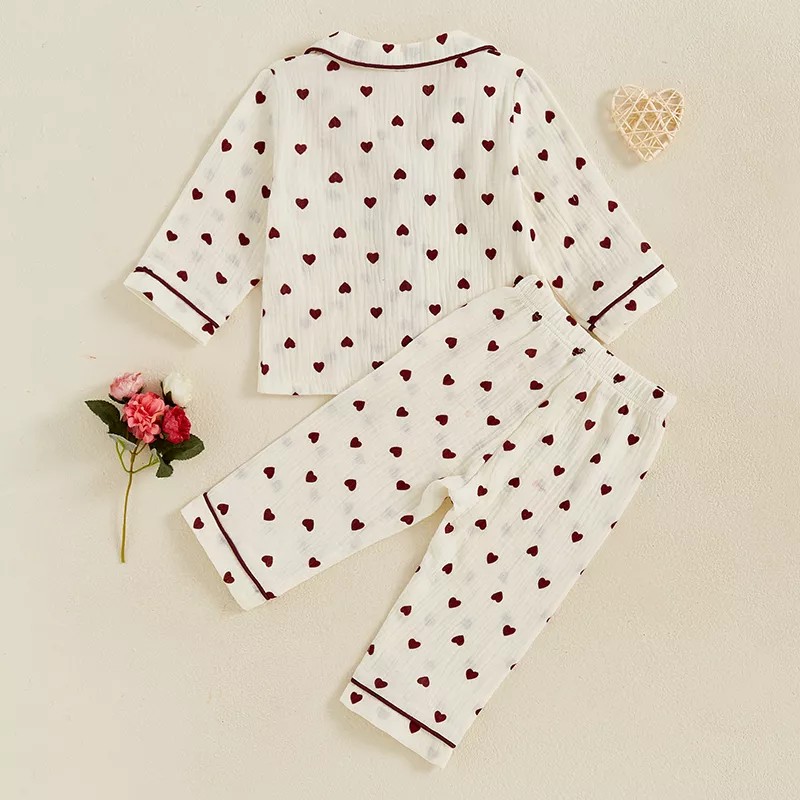 Girls Valentine's Day Pajama Set - Heart Print Long Sleeves Shirt & Elastic Pants - Image 3