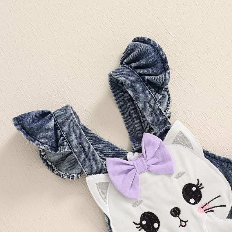 Baby Girl Long Sleeve Dots Romper with Cat Denim Overall & Headband Set - Image 7