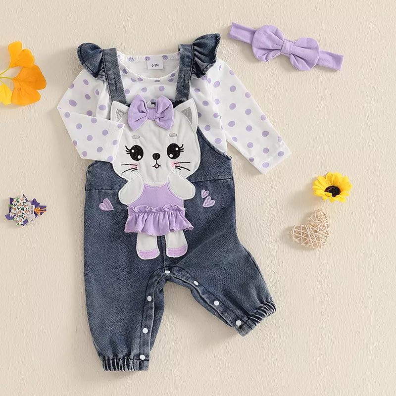 Baby Girl Long Sleeve Dots Romper with Cat Denim Overall & Headband Set - Image 4